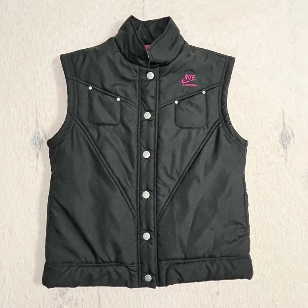 Nike Sportswear Puffer Vest Black‎ Pink Lined Snap Front Women's Size M